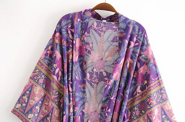 Vintage chic Women purple Floral Print Sashes bohemian Kimono Ladies V Neck batwing Sleeves rayon Boho Maxi  happie dress robe 3