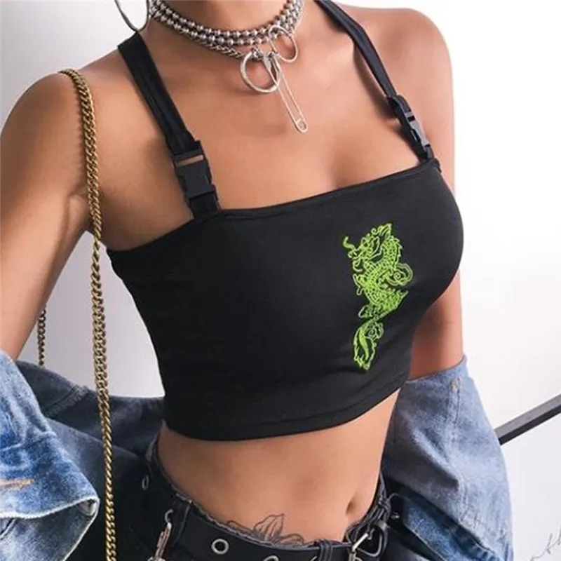 Fashion Women Sexy Hot Summer Buckle Vest Boob Tube Crop Top Bralet Sheer Dragon Embroidery Stylish Cami Tank Top white bra