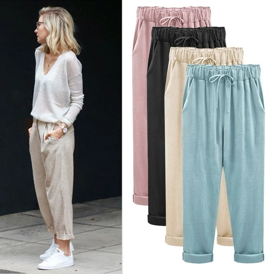 ZOGAA S-6XL, большие размеры, женские штаны, льняные хлопковые повседневные штаны-шаровары, карамельный цвет, Харадзюку, женские брюки длиной до щиколотки