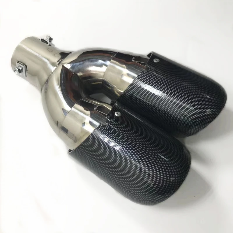 1 PC Carbon Look+ 304 Stainless Steel Exhaust End Tips Auto Universal Muffler Double Exhaust Pipes