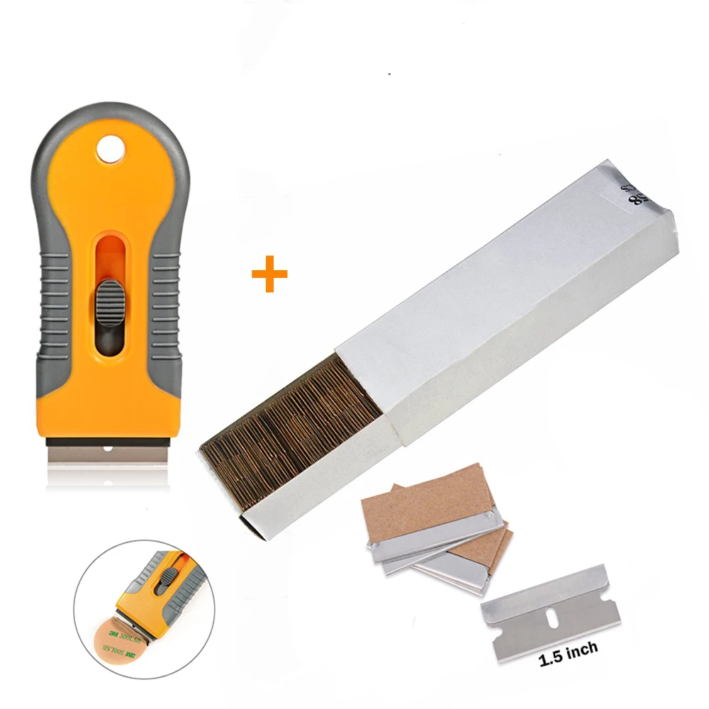 

FOSHIO 100pcs Carbon Steel Blade +Razor Scraper Glass Window Oven House Cleaning Tool Sticker Remover Vinyl Car Wrap Squeegee