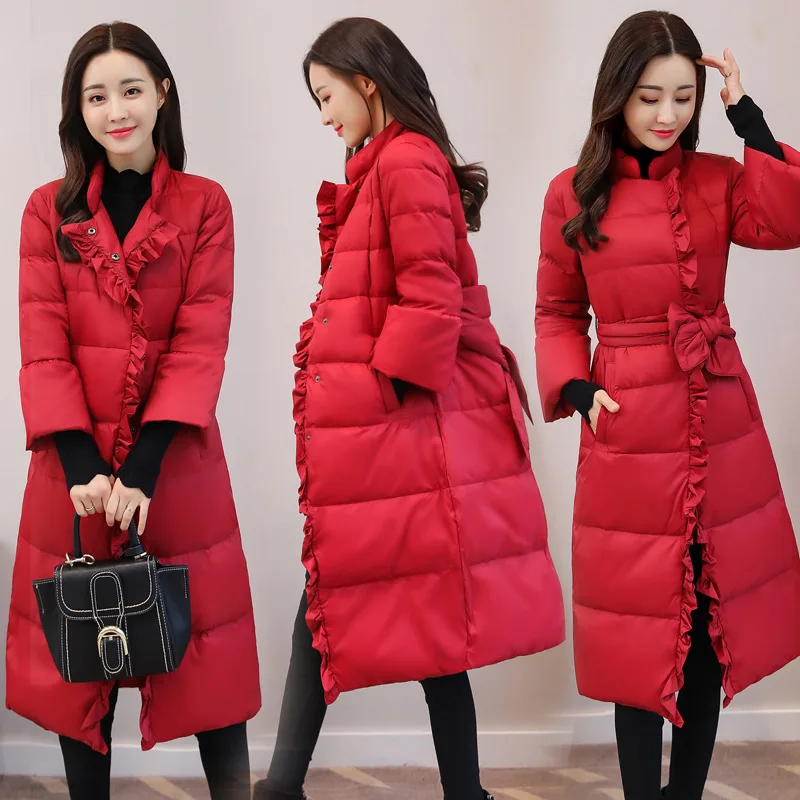 

2018 New Style Waist Hugging Bright Red Cotton-padded Jacket Women's Mid-length Marriage Bride Back Door down Jacket Cotton-padd
