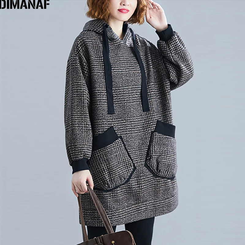 Skup DIMANAF Plus rozmiar zima kobiety bluzy z kapturem bluzy z kapturem Oversize w stylu vintage Plaid kobiet swetry Top luźna bawełniana gruba z kapturem ubrania
