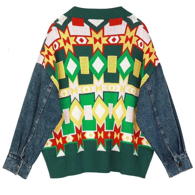 Loose V-Neck Long Sleeve Women Tops Autumn Winter New Fashion Pattern Denim Patchwork Knitting Sweater Cardigan Q027