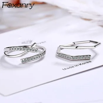 

Foxanry Minimalist 925 Sterling Silver Single Row Zircon Rings New Fashion Irregular Cross Geometric Elegant Bride Jewelry Gifts