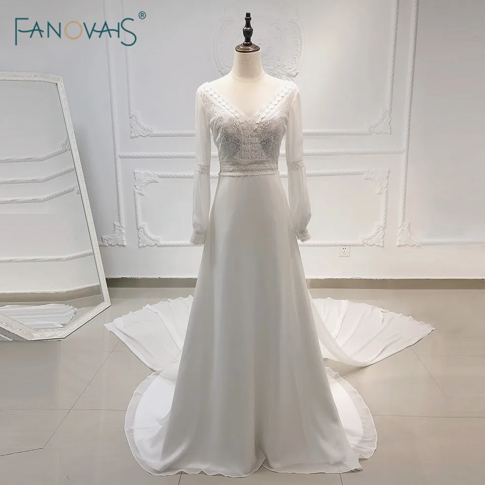

Elegant Boho Wedding Dresses 2019 V Neck Long Sleeves Bridal Dress Beach Wedding Gown Lace Removable Train Vestido de Novia