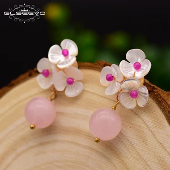 

GLSEEVO Natural Pink Round Crystal Drop Earrings For Women Shell Flower Fresh Water Pearl Dangle Earrings Jewelry Brinco GE0043