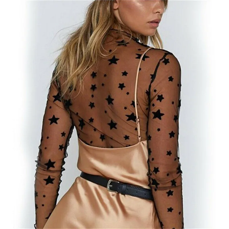 Женская прозрачная сетчатая рубашка с принтом звезды, с длинным рукавом, сексуальная тонкая шелковая куртка, которая показывает hilum