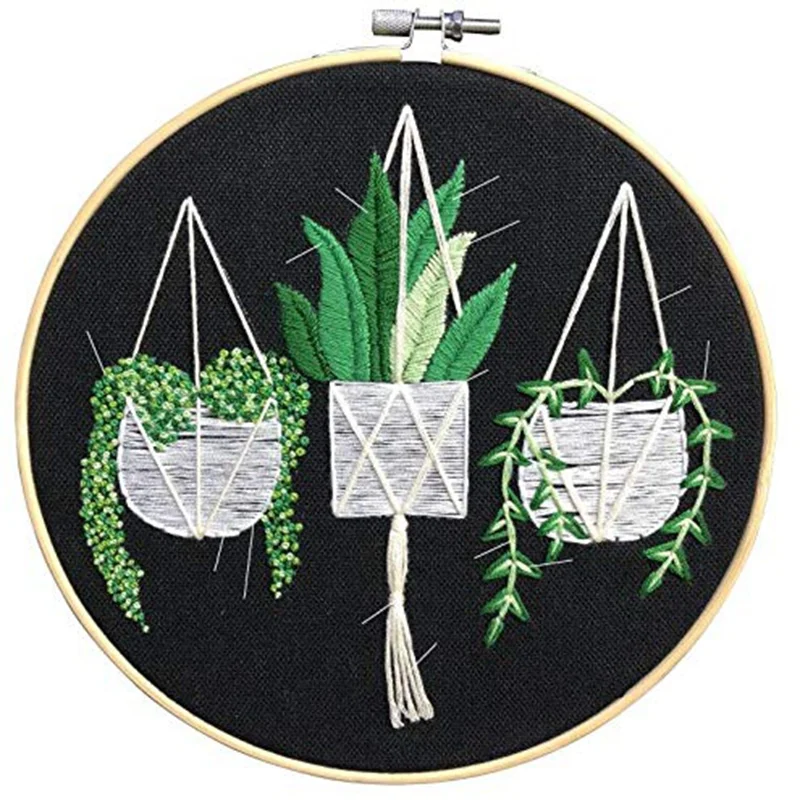Embroidery Cloth with Plant Pattern Bamboo Hoop Color Threads and Tools Kit Embroidery Starter Kit for Art Craft Handy Sewing