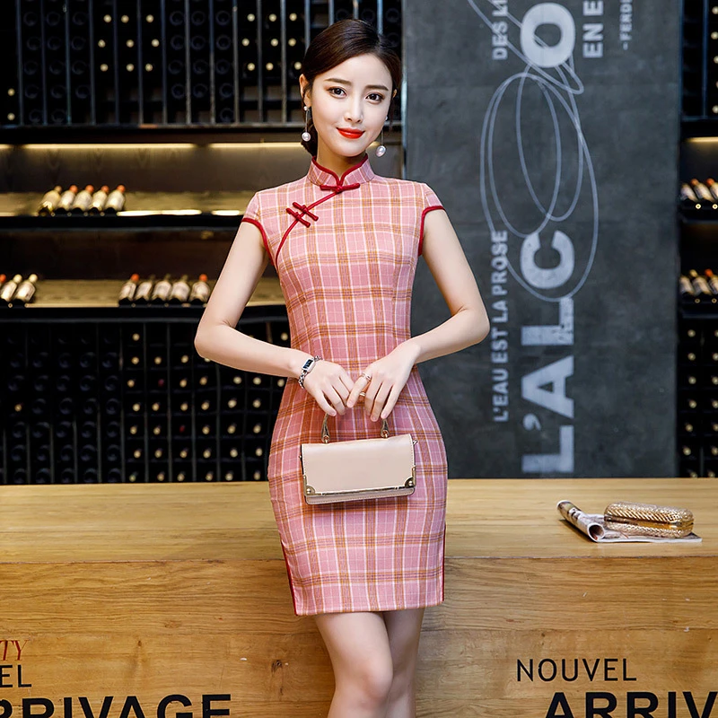 Хлопок Cheongsam плед китайское традиционное платье элегантное женское с коротким рукавом Мини Qipao восточные платья китайский костюм