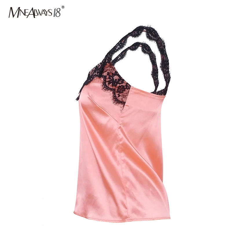 Mnealways18 розовый кружевной топ с v-образным вырезом, атласный Топ для женщин, летний сексуальный топ без рукавов на бретельках, топы, шелковая уличная одежда для женщин