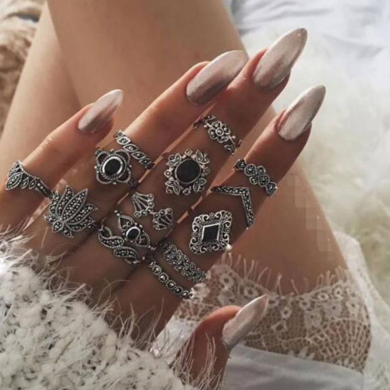 Tocona 14 pcs/sets Vintage Antique Silver Lotus Rings for Women Black Rhinestone Geometric Carve Flower knuckle Ring Jewelry9134