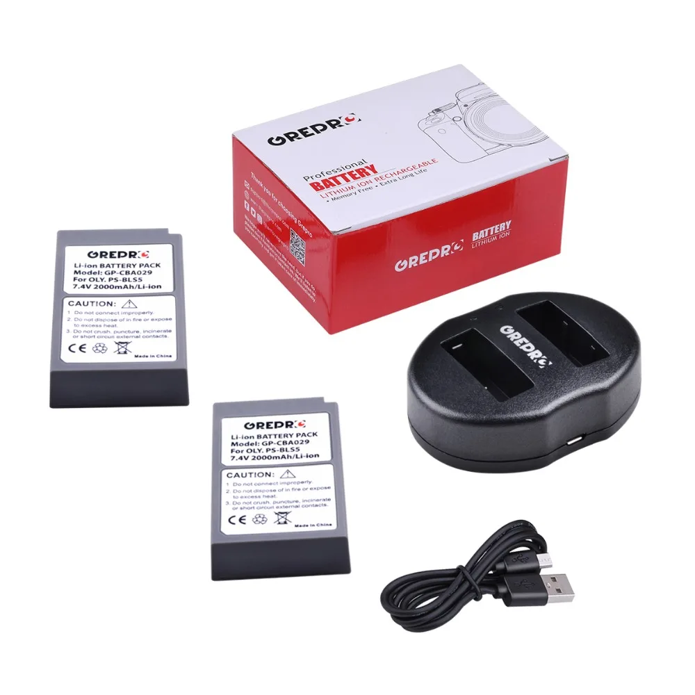 GREPRO 2000mAh PS-BLS5 BLS-5 BLS5 BLS50 батарея+ двойной USB зарядное устройство для Olympus PEN E-PL2, E-PL5, E-PL6, E-PL7, E-PM2, OM-D, E-M10, E-M10
