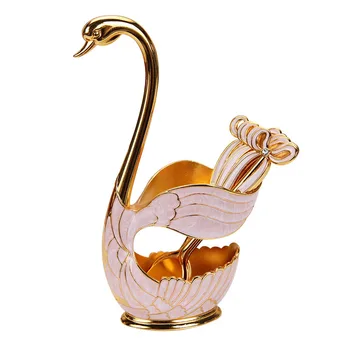 

304 Stainless Steel Fruit Cake Fork Coffee Tea Spoon Swan Holder Cutlery Set 1*Dining Table+ 6*spoons Zinc Alloy/ Dropper Gold