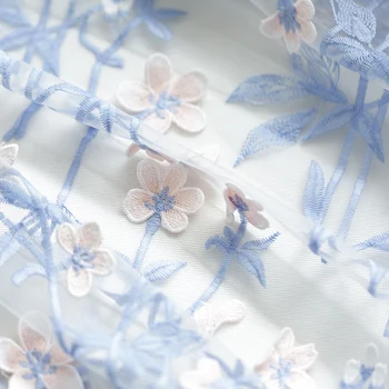 

Water blue tridimensional flower fabric Soft embroidery lace tissu Wedding dress, handmade DIY material