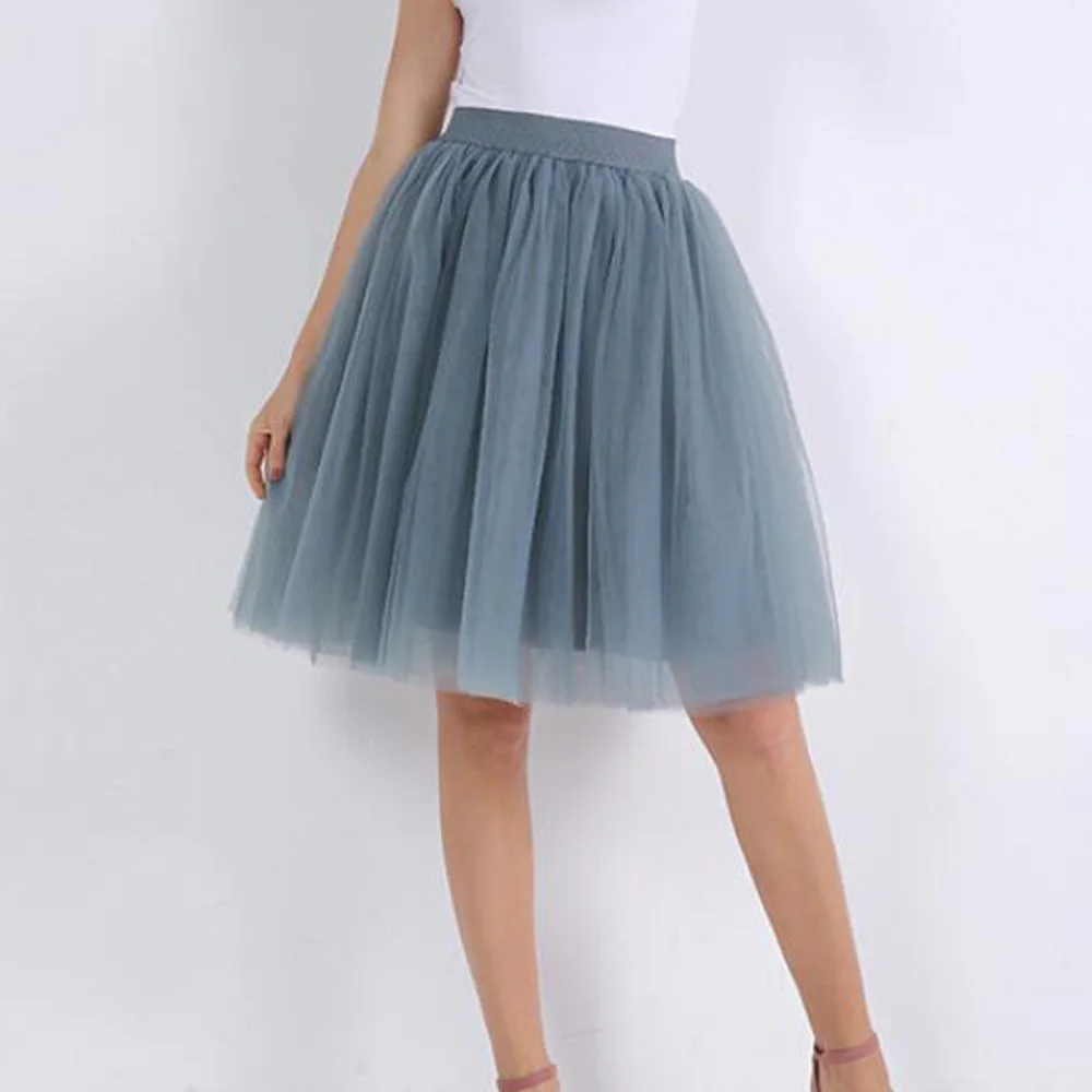 Short Skirt Tulle Skirts Womens Black Gray Pink Blue Adult Bridesmaid Skirt Elastic High Waist Pleated Knee Length Skirt Saias Jupes - Цвет: Short Skirt