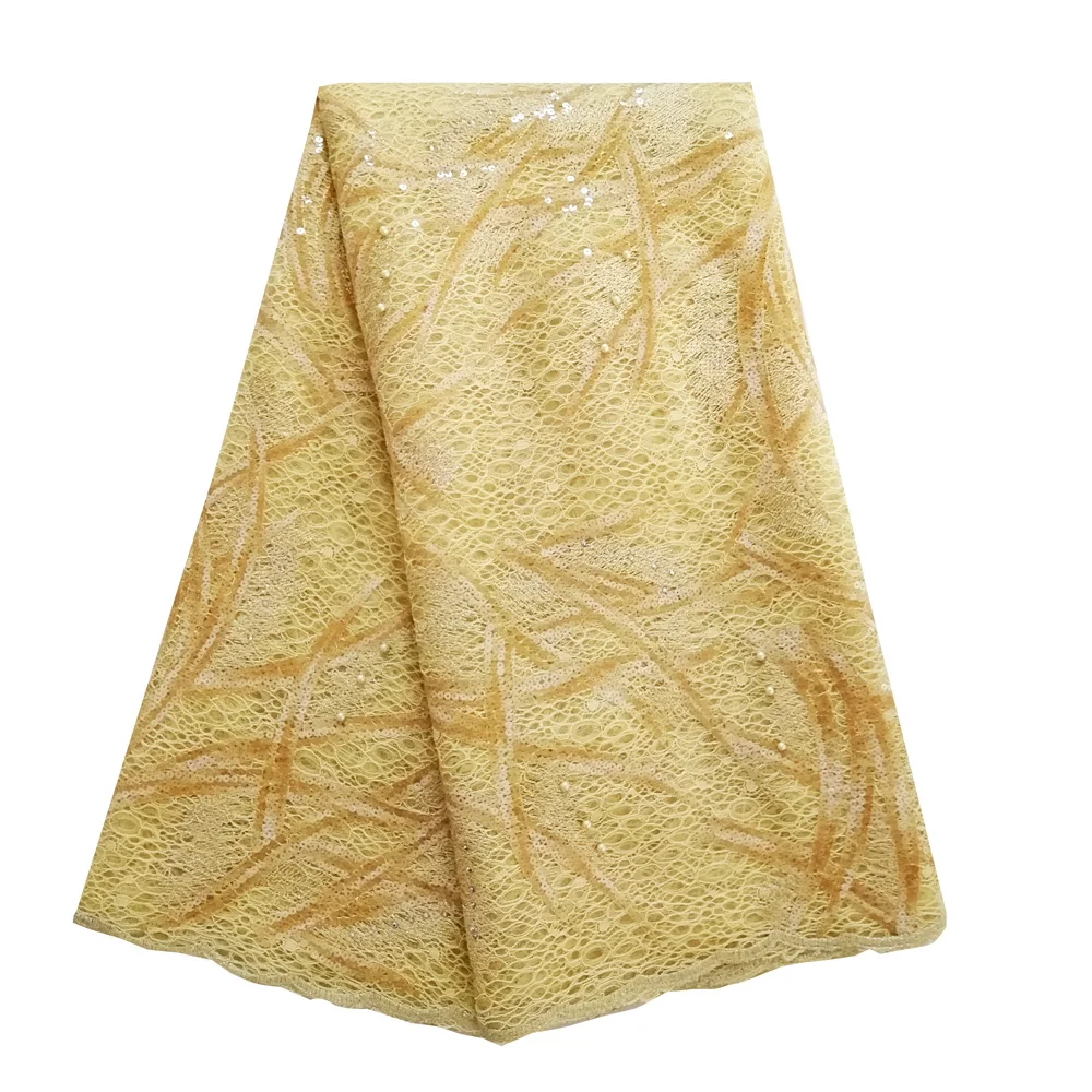 

Light yellow double net cord lace fabric with beads stones sequence lace fabric high quality mesh net lace fabric for sewing