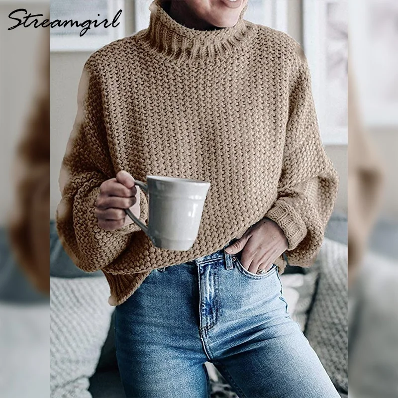 

Black Turtleneck Women Sweater Coarse Knitted Female High Collar Womens Pullover Long Sleeve Loose Sweater Women Winter Sweaters