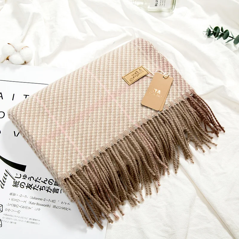 Классический шарф-шаль карамельного цвета в сетку, пончо, женский большой шарф с кисточками, зимний шарф, сохраняющий тепло, для студентов и детей