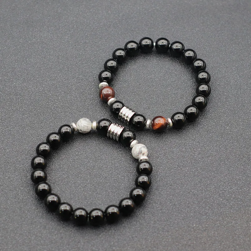 10mm Handmade Black Obsidian Beads Bracelet Charms Stainless Steel Mens Bracelet for Male Armband Party