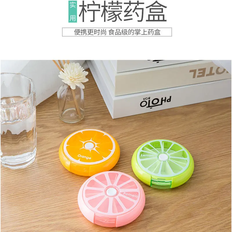 

Pill Box Portable Lemon Portable Seven-grid Rotating Mini Pill Medicine Dispensing Storage Box Classified Storage