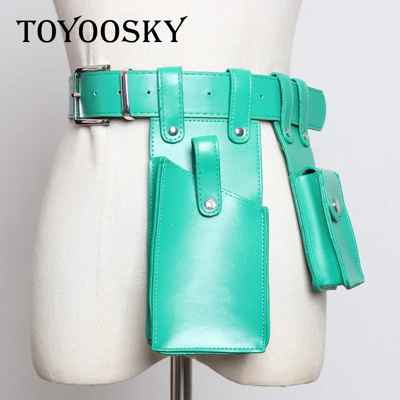 Fashion PU Leather Waist Pack Bag Belt Rectangle Women Leather Waist Pack Square Waist Belt Double Bags Black Green Phone Pocket