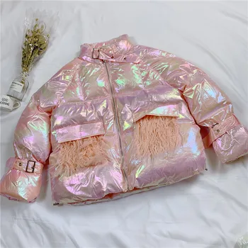 

2020 Winter Fashion Lamb Fur Down Parka Bright Color Cotton Glossy Women's Coat Tassel Thickened Loose Jacket