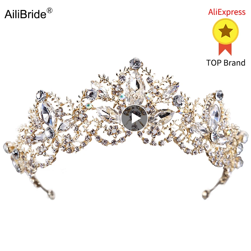 AiliBride, модные, в стиле барокко, роскошные, хрустальные, AB, свадебная корона, тиары, светильник, Золотая диадема, тиара для женщин, свадебные аксессуары для волос
