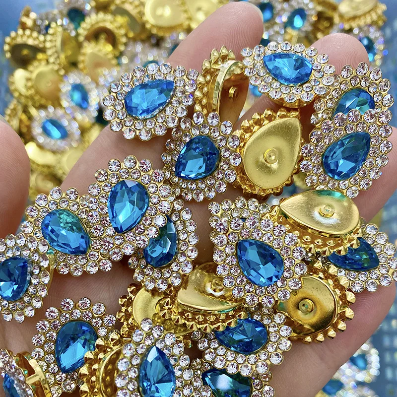 Flat Back Rhinestones Buttons Embellishments with Diamond, Sew On Crystals  Glass Rhinestone for Clothing Wedding Bouquet(20pcs) Lake Blue