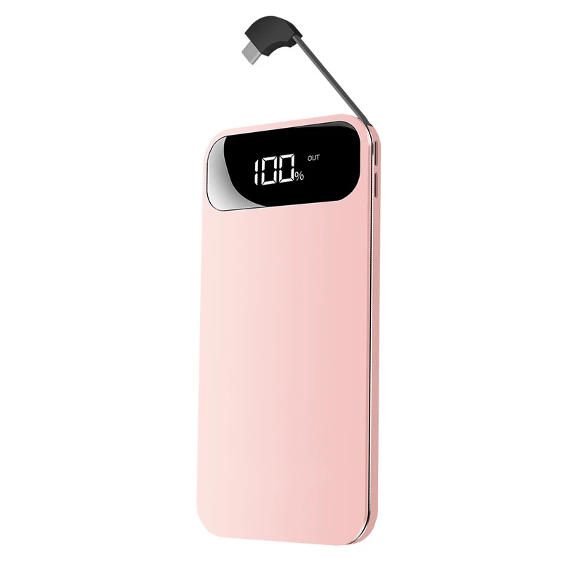 Pink Powerbank 10000mAh портативный тонкий PowerBank с кабелем светодиодный портативное зарядное устройство с дисплеем Внешнее зарядное устройство для iPhone huawei Xiaomi - Цвет: Pink