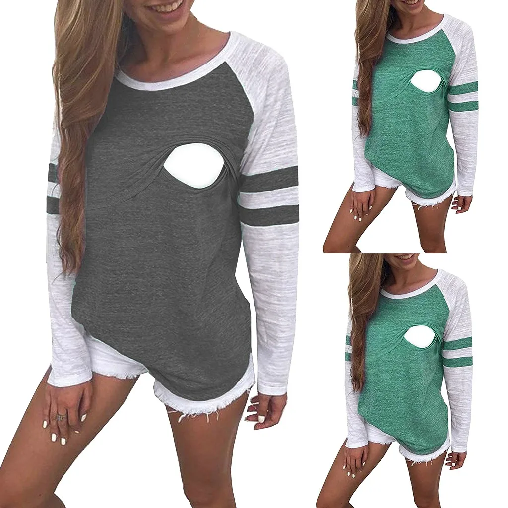 maternity clothes Women Maternity Long Sleeve Nursing Patchwork Color Tops Breastfeeding Blouse ropa premama embarazadas