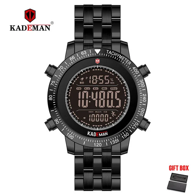 Black KADEMAN, мужские часы, спортивные цифровые часы, роскошная мода, светодиодный дисплей, наручные часы, мужские часы, полностью стальные, Relogio Masculino - Цвет: Black