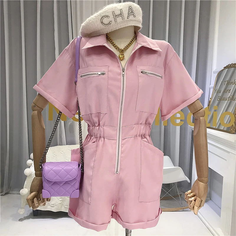 ALPHALMODA New Fashion Safari Jumpsuits Women 2020 Summer New Multi-Pocket Zipper Stretchy Waist Slim Solid Playsuits