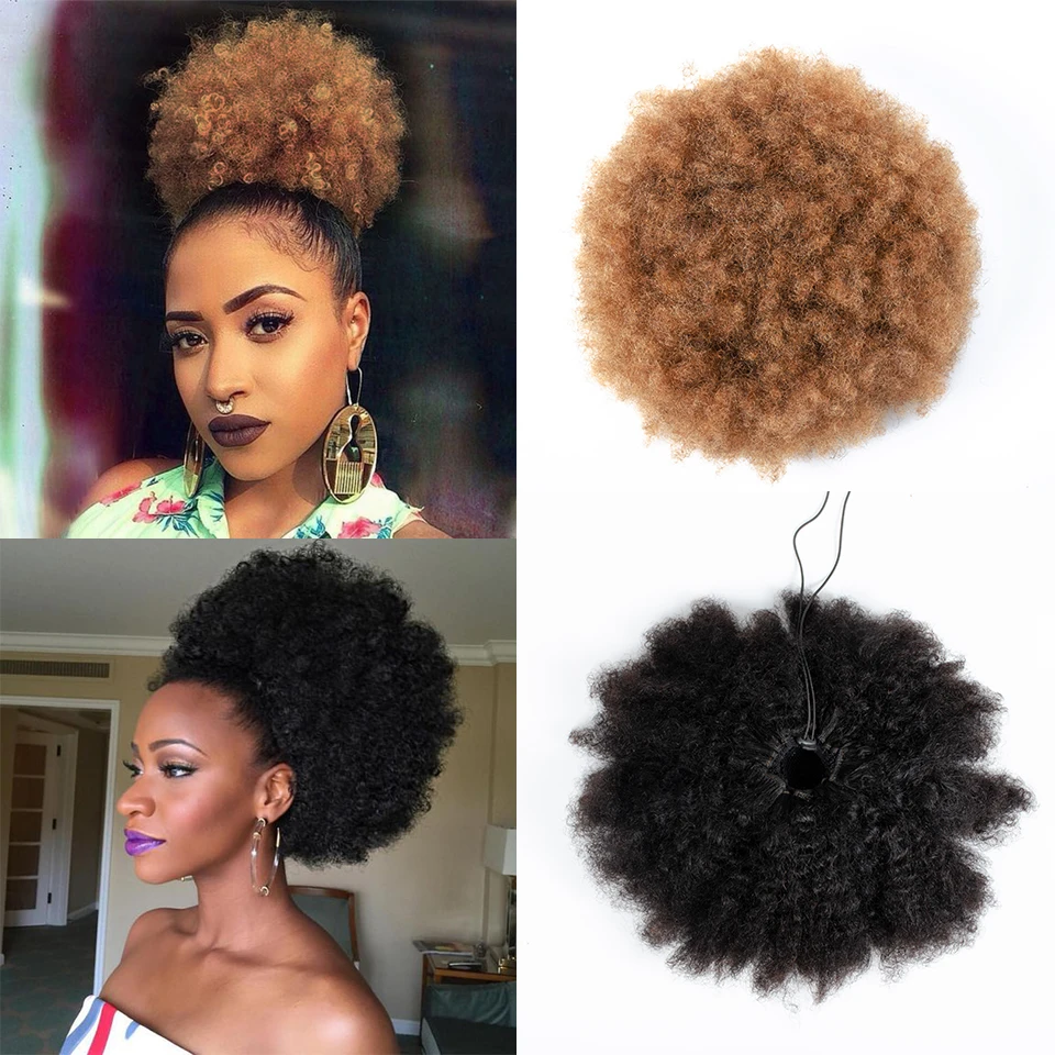 Ombre Afro Kinky Curly Ponytail Brazilian Remy Human Hair Drawstring Afro Puff Hair Bun Clip In Hair Extensions Ponytail 8inch