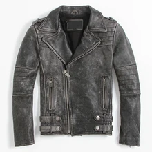 Новинка, Мужская винтажная черная кожаная байкерская куртка, диагональная молния, Натуральная Воловья кожа, короткая приталенная Мужская мотоциклетная куртка