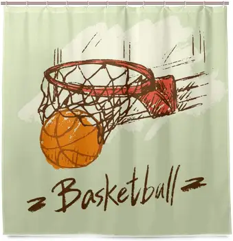 

Hand Drawn Style Basketball Home Bathroom Set Polyester Fabric Shower Curtain Home Art Decoration with Hooks