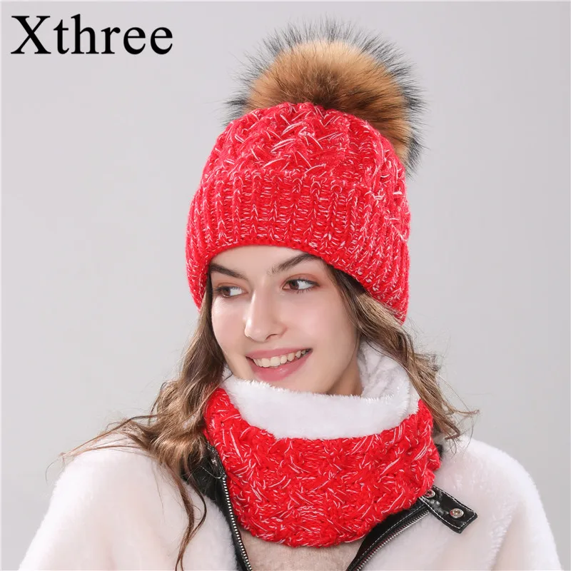 

Xthree new women's hat winter beanie knitted hat scarf set Bonnet girl 's hat with fur pom pom female cap