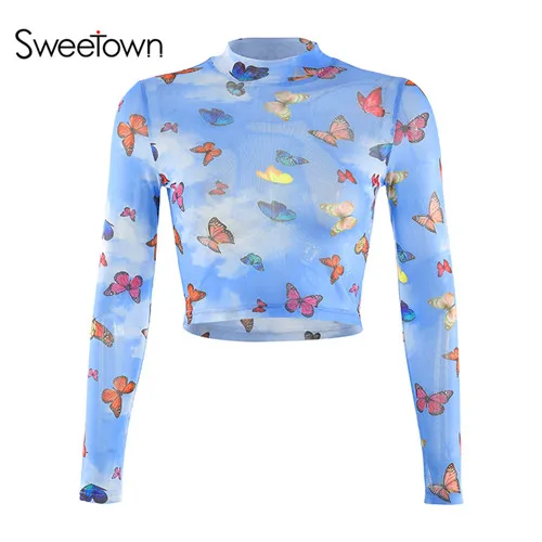 Sweetown Осенняя модная сексуальная сетчатая укороченная Футболка женская красочная милая Футболка с принтом бабочки топ с длинными рукавами рейв рубашка - Цвет: blue