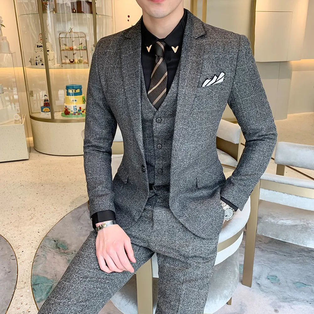 Ceny 2019 nowych mężczyzna plaid trzyczęściowy zestaw (kurtka + spodnie + kamizelka) M 5XL wesele mężczyzna strój biznesowy garnitury Blazer wąski krój