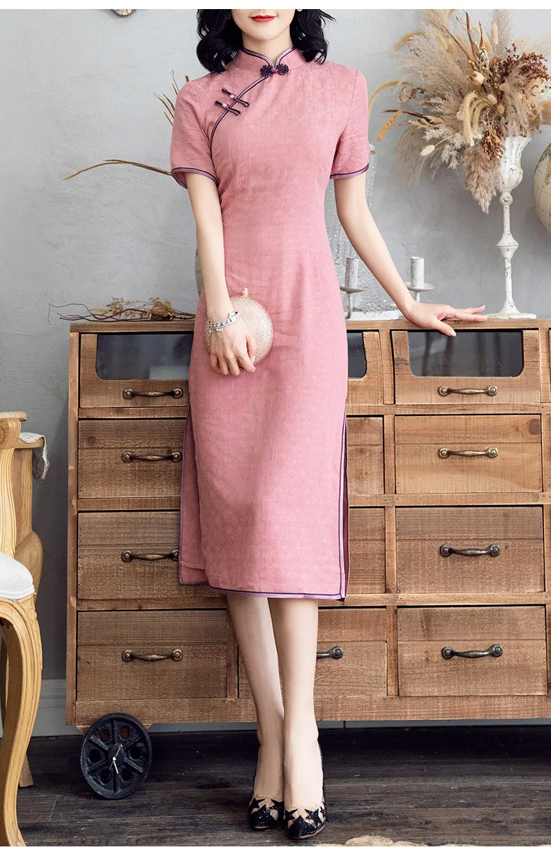 [Агент главный Push Have] Летний стиль элегантный Лен темные полосы жаккард Cheongsam 90166