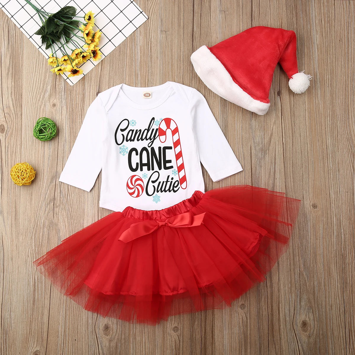 Милые рождественские комплекты одежды для маленьких девочек, комбинезон с буквенным принтом, топы+ фатиновая юбка-пачка+ шапка Санта-Клауса, 3 предмета, рождественские наряды для маленьких девочек 0-18 мес