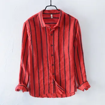 

turndown collar Long sleeve linen 2020 new shirt men's long sleeve linen stripe loose casual shirt cotton and linen 713