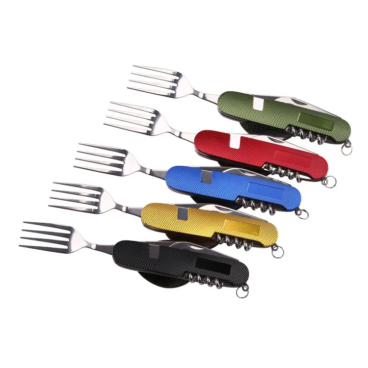Hot sale knife and fork combination portable 6 in 1 stainless steel folding cutlery set for outdoor camping picnic travel