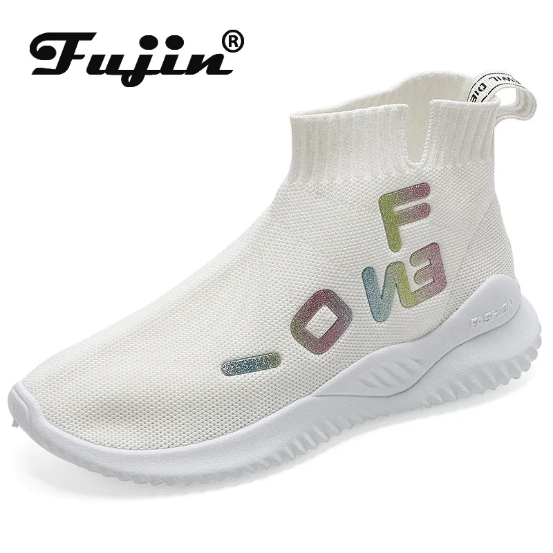 

Fujin Women Sneakers Autumn Spring Thick Bottom Fashion Round Toe Students Leisure Breathable High Top Slip on Women Sock Shoes