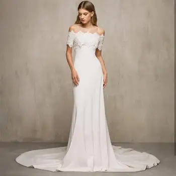 

Wedding Dress 2020 Off Shoulder Short Sleeve With Court Train Floor Length Bridal Gowns Mermaid Lace Appliques Elegant Simple