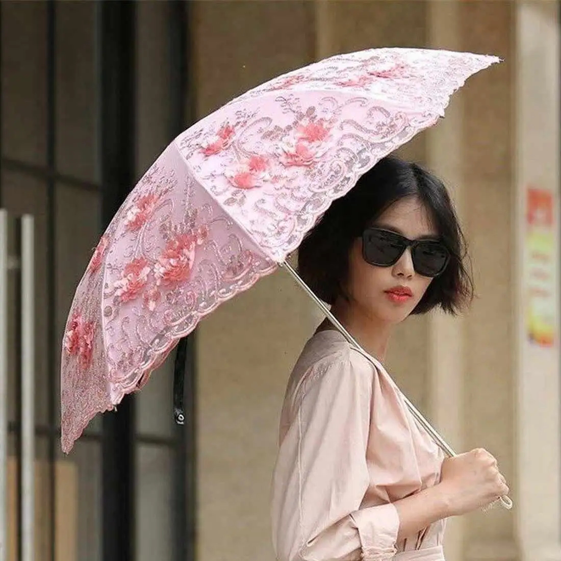 

Embroider Pink Flower Print Pocket Umbrella Lace Flower Folding Umbrellas For Women Folding UV Protection Rainy Umbrella