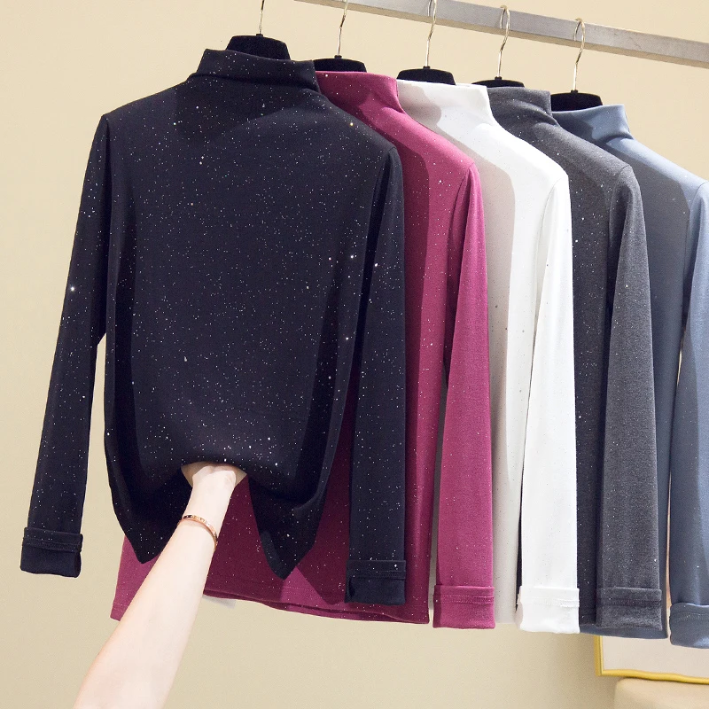 

Shiny Lurex Women Slim Shirt Turtleneck Elastic Tops Long Sleeve T-Shirt Female Autumn Tops and Tees Casual Black Warm T-shirts