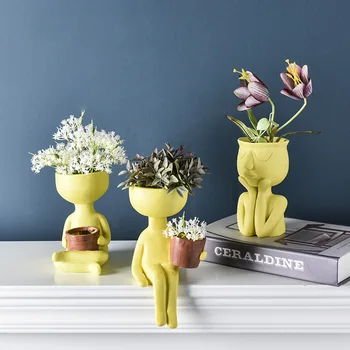 

Nordic Minimalist Ceramic Abstract Vase Black Yellow Human Face Creative Display Room Decorative Figue Head Shape Vase