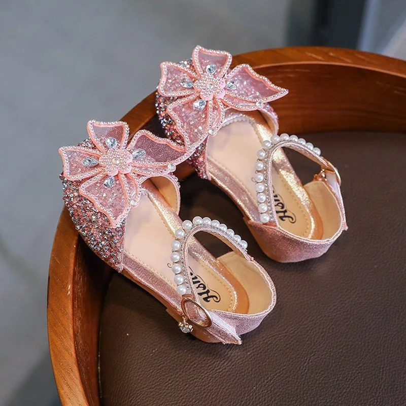 Fashion Style Baby Girl Bow Princess Shoes Pearl Rhinestone Butterfly Sandals For Girls Sequin Dance Performance Shoes For Kids kids shoes children sandals kids sandals