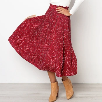 

Polka Dot Women Skirt Office Midi Party Soft Elastic Pockets Polyester Pleated Casual Vintage Puffy Swing